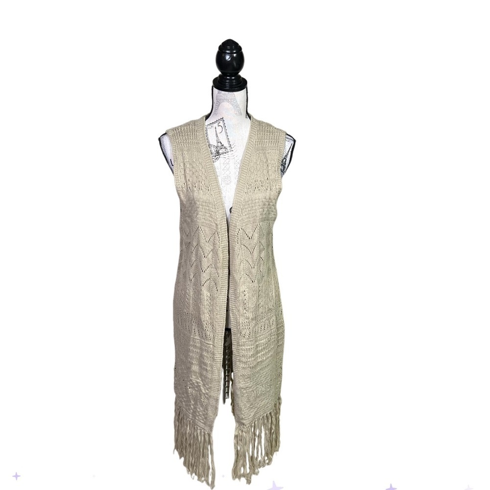 Forever 21 Beige Knit Fringe Longline Cardigan Vest